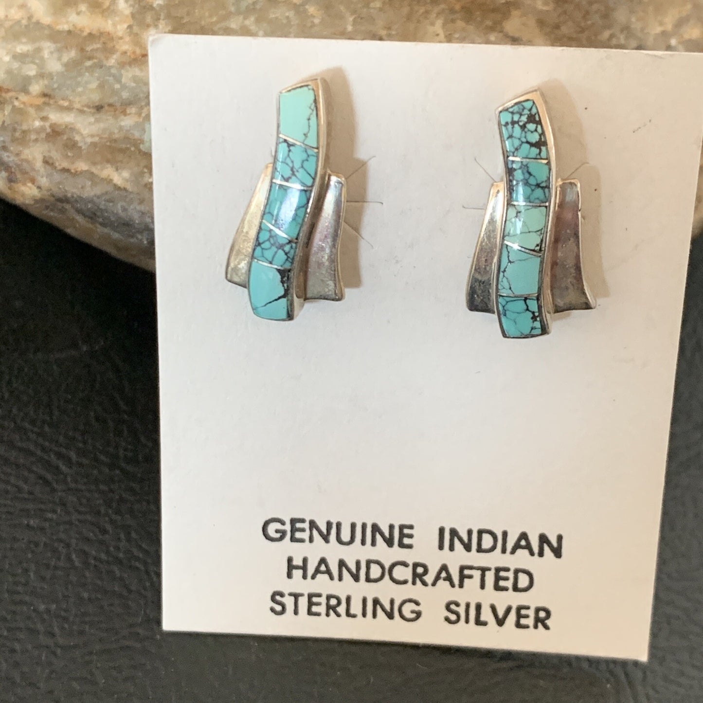 Womens Blue Spider Web Turquoise Navajo Sterling Silver Inlay Earrings 12899