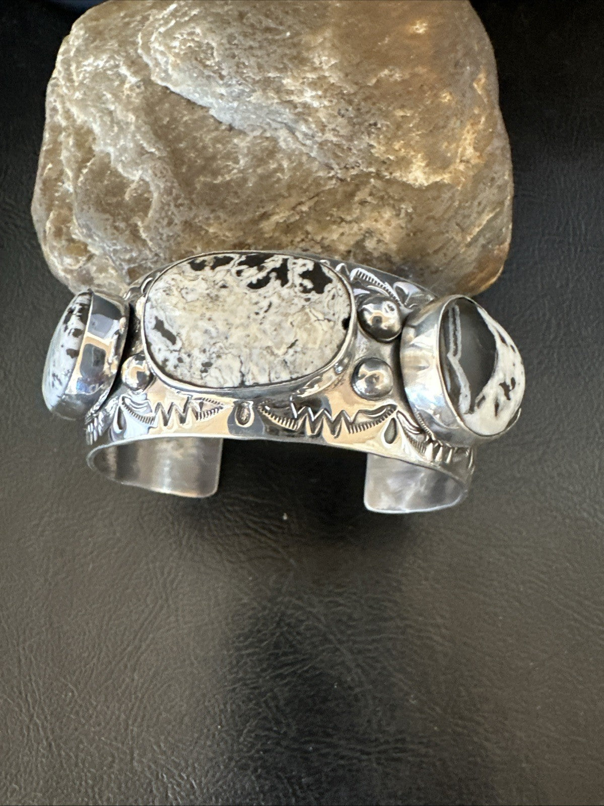 Mens White Buffalo Turquoise Navajo Sterling Silver Cuff Bracelet 7.5" 19428