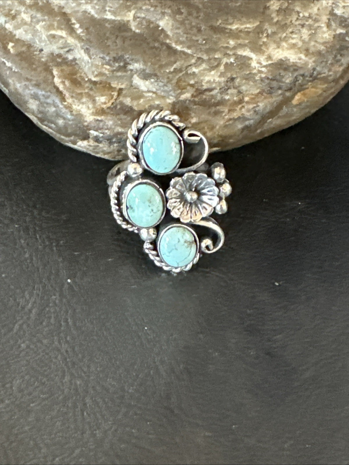 Yazzie Ring Blue Turquoise Navajo Sterling Silver Cluster Size 8.5 19226