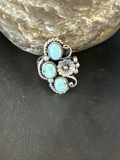 Yazzie Ring Blue Turquoise Navajo Sterling Silver Cluster Size 8.5 19226