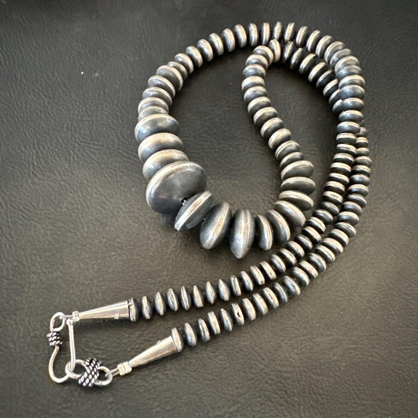 Graduated Rondelle Flat Sterling Silver Beads Necklace 21” 18830