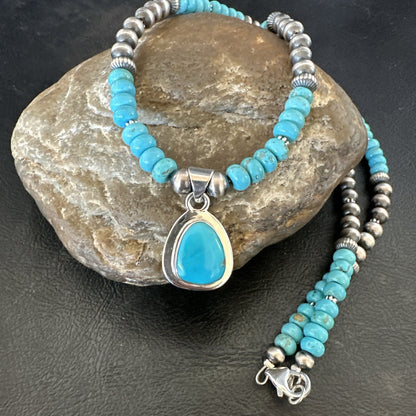 Mens Blue Kingman Turquoise Pendant Navajo Sterling Silver Necklace 21" 18107