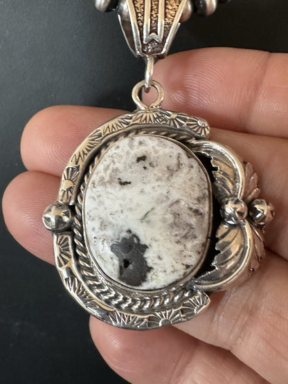 White Buffalo Turquoise Pendant Navajo Pearls Sterling Silver Necklace 19375