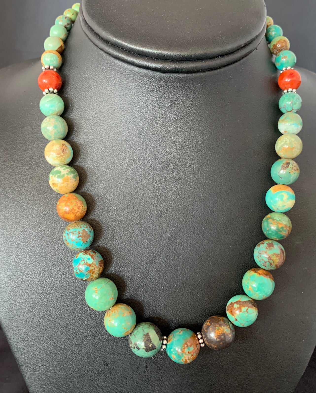 Green Turquoise Apple Coral Navajo Graduated Sterling SIlver Necklace 18" 13207N
