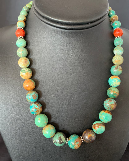Green Turquoise Apple Coral Navajo Graduated Sterling SIlver Necklace 18" 13207N