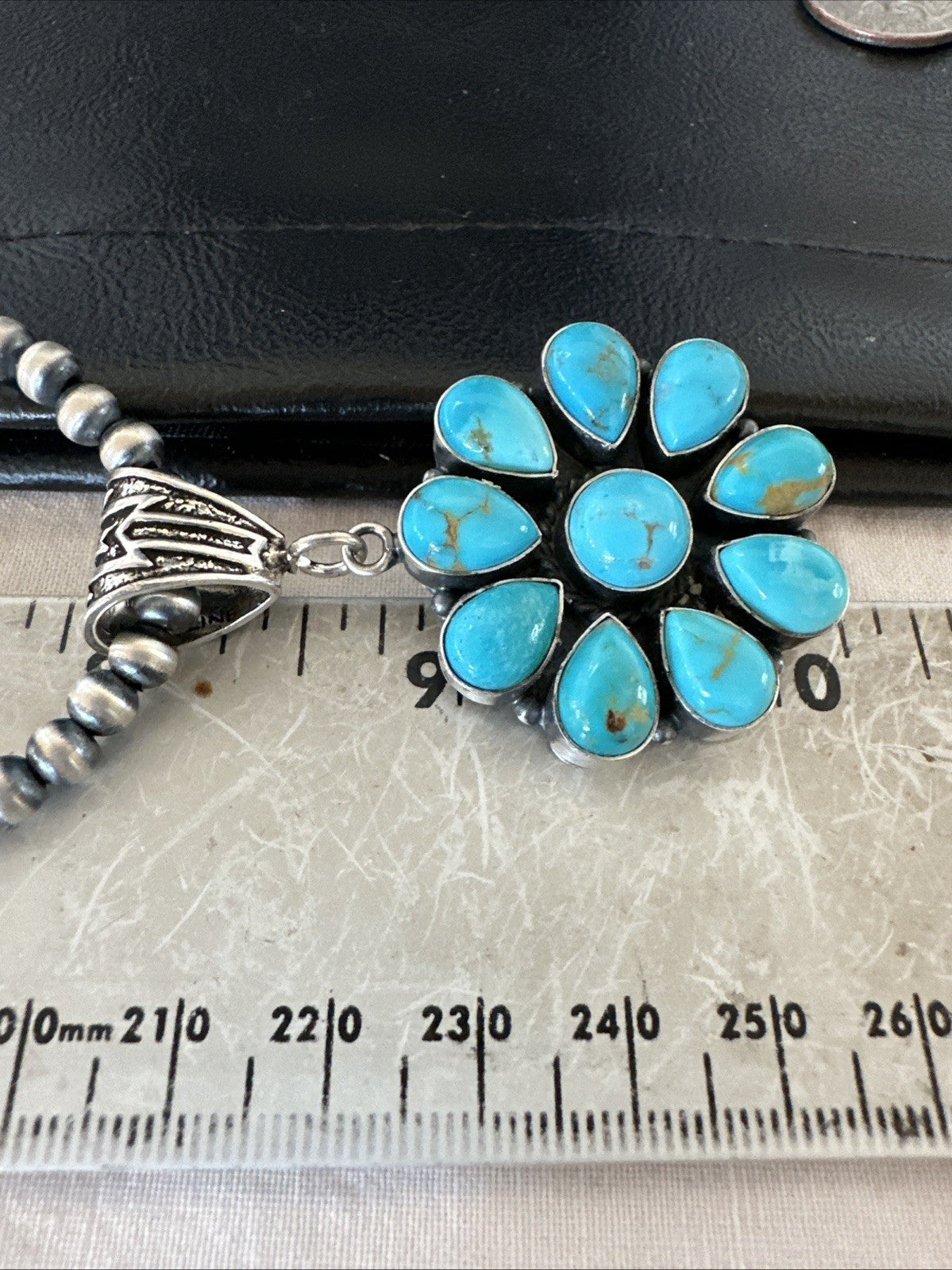 Blue Turquoise Navajo Sterling Silver Cluster Round Pendant Necklace 2”19303