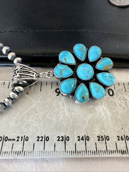 Blue Turquoise Navajo Sterling Silver Cluster Round Pendant Necklace 2”19303