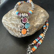 Multicolor Turquoise Spiny Navajo Cluster Pendant Necklace | Sterling Silver | Authentic Native American Handmade | 19642