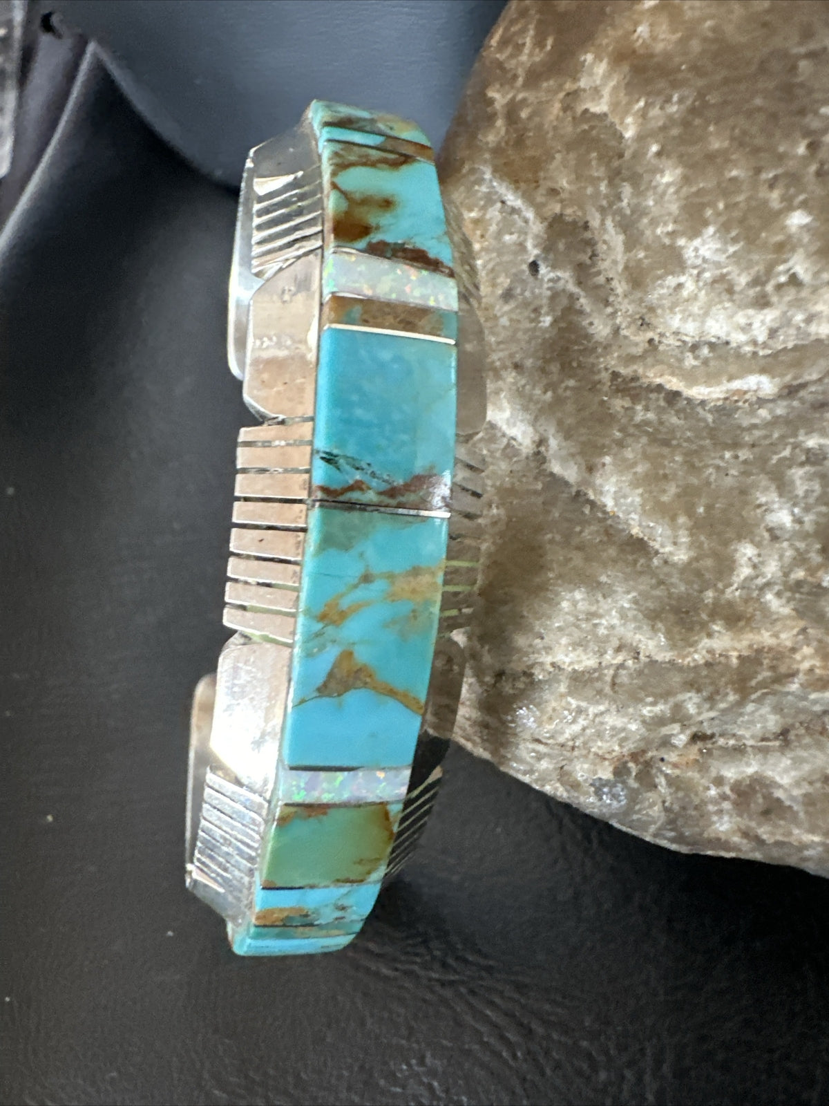 Blue Turquoise Opal Navajo Sterling Silver Cuff Inlay Bracelet 17958