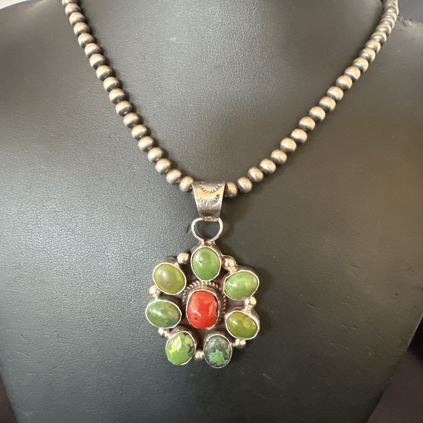 Navajo Sterling Cluster Red Turquoise Pendant Necklace 17713