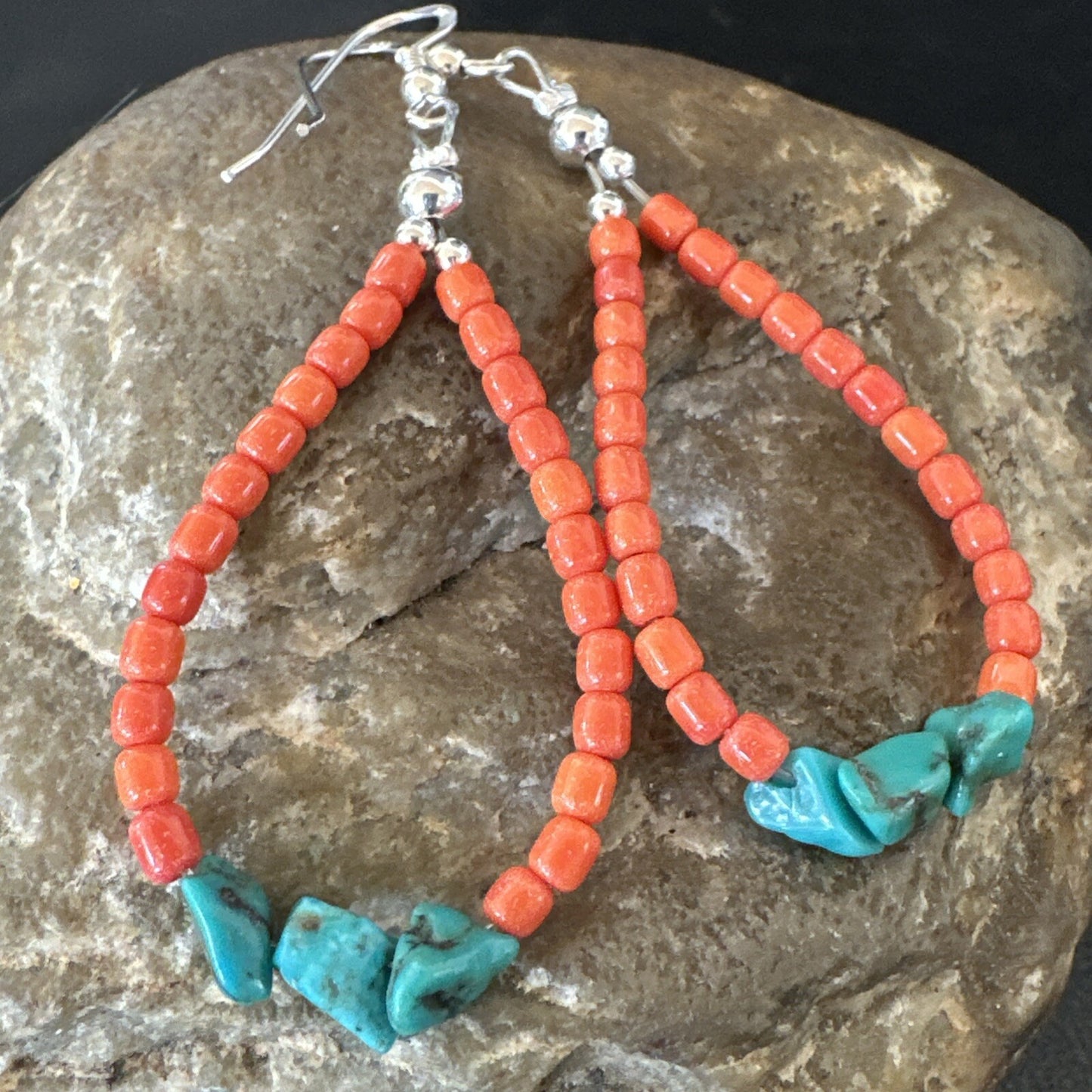 Blue Turquoise Coral Navajo Sterling Silver Earrings 2” 18833