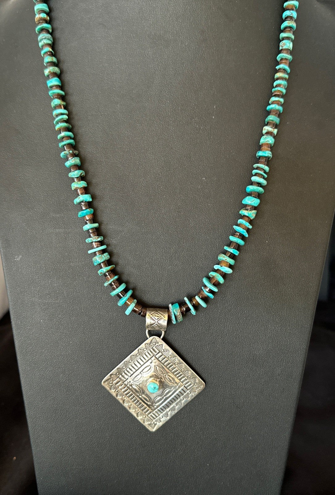 Navajo Blue Turquoise Stamped Pendant Shell Sterling Silver 28” Necklace 19705
