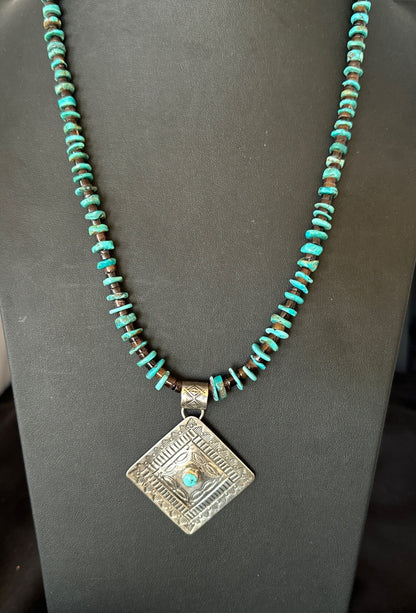 Navajo Blue Turquoise Stamped Pendant Shell Sterling Silver 28” Necklace 19705