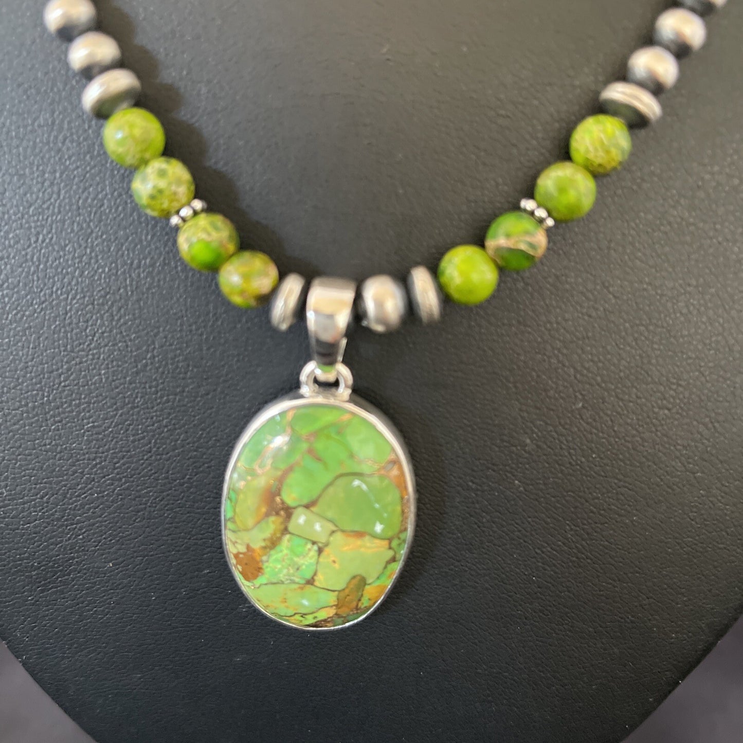 Women Green Mohave Turquoise Pendant Sterling Silver Beads Necklace 10311