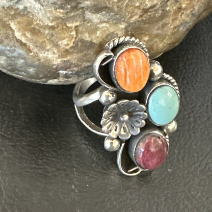 Multicolor Ring Turquoise Spiny Navajo Sterling Silver Cluster Size 8 19165