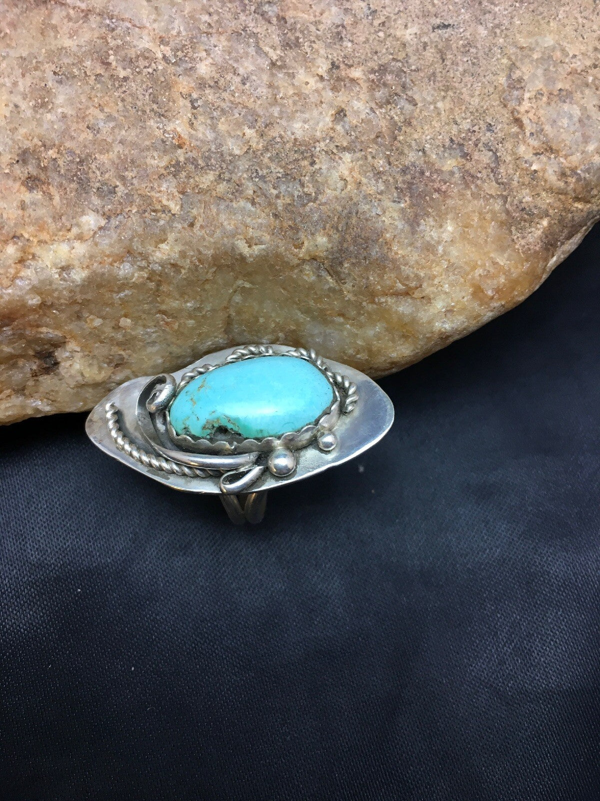 Blue Turquoise Navajo Sterling Silver Ring Size 7.25 02510