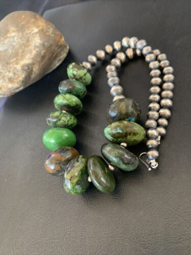 Navajo Chunky Graduated Green Turquoise Necklace Sterling Silver 18" 11768