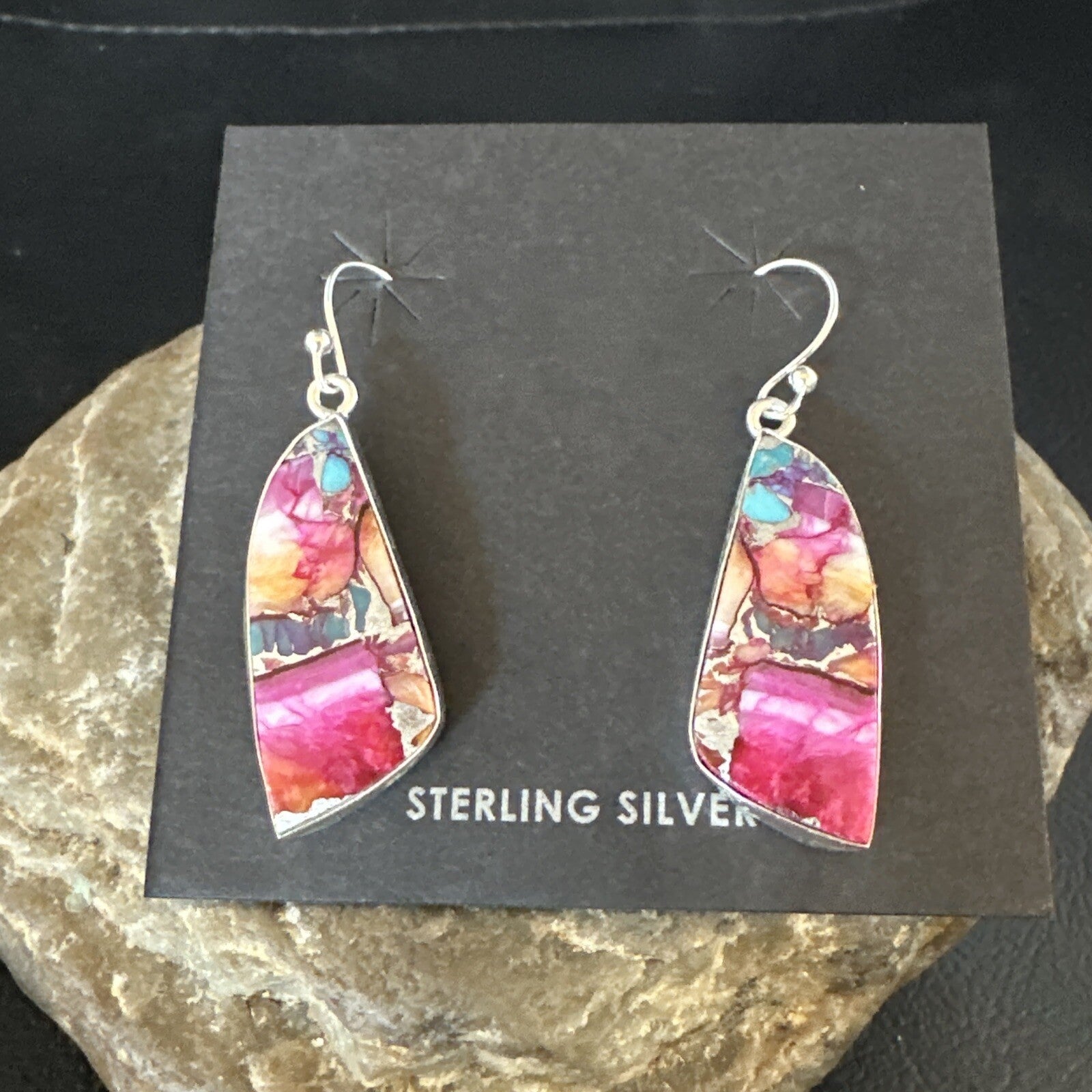 Blue Turquoise Purple Spiny Oyster Inlay Sterling Silver Dangle Earrings 15565