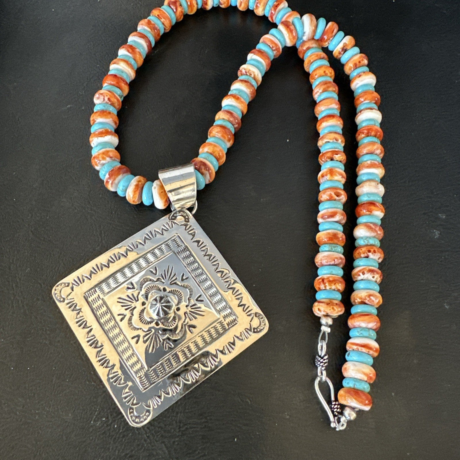 Orange Spiny Oyster Turquoise Navajo  Pendant Sterling Silver Necklace 21” 19044