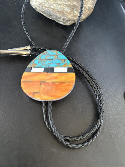 Mens Turquoise Orange Spiny Oyster Sterling Silver Santo Domingo Bolo Tie 14631