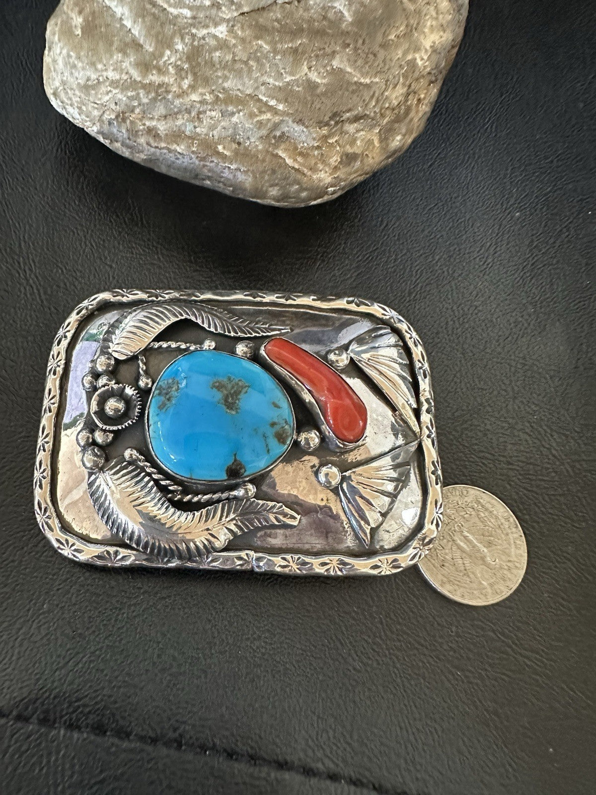 Mens Buckle Blue Turquoise Coral Navajo Sterling Silver Concho Belt 19489