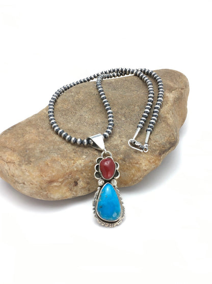 Turquoise & Coral Pendant Navajo Sterling Silver Necklace 02580