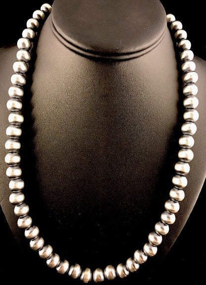 Native American 12mm Sterling Silver Navajo Pearls 22" Hook & Eye Cone Necklace