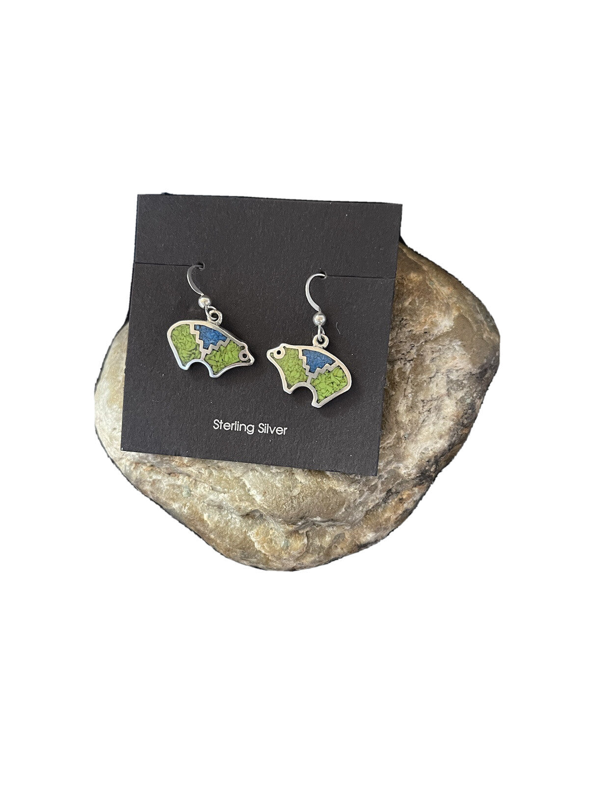 Blue Lapis & Green Turquoise Sterling Silver Bear Inlay Earrings 0.25" 01509