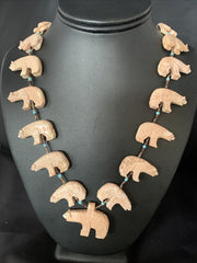 Bear Fetish Navajo Jasper Turquoise Shell Necklace 28" | Sterling Silver | Authentic Native American Handmade | 13419