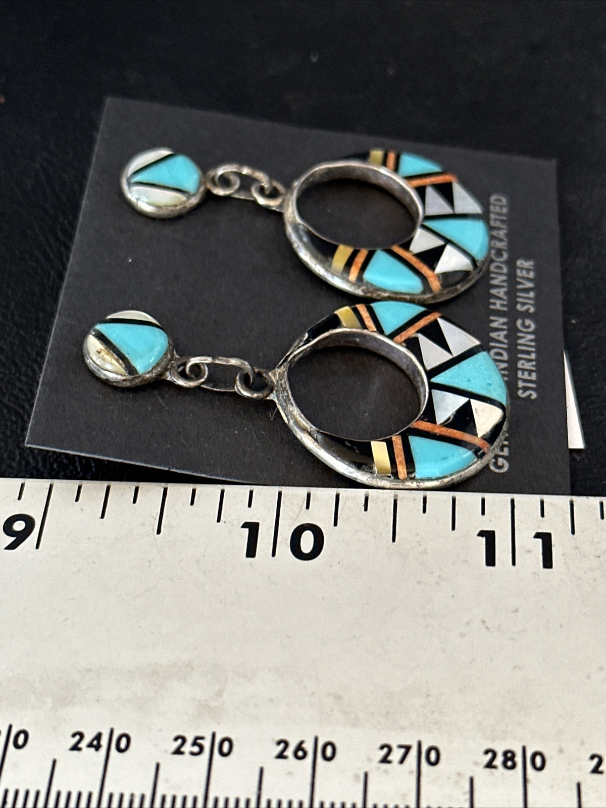 Coral Turquoise Onyx Abalone Zuni Sterling Silver Inlay Earrings 14768