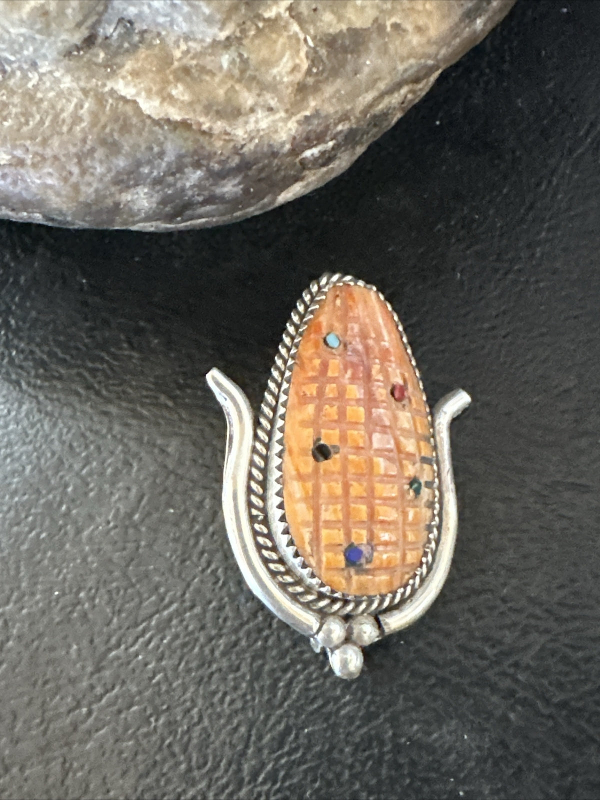 CORN INLAY Orange Spiny Turquoise Coral Zuni Sterling Silver Pin Pendant 17851