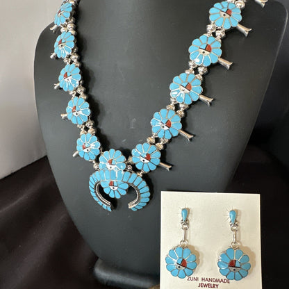 Old Pawn Sunface Turquoise Zuni Sterling Silver Squash Necklace Earrings 19289