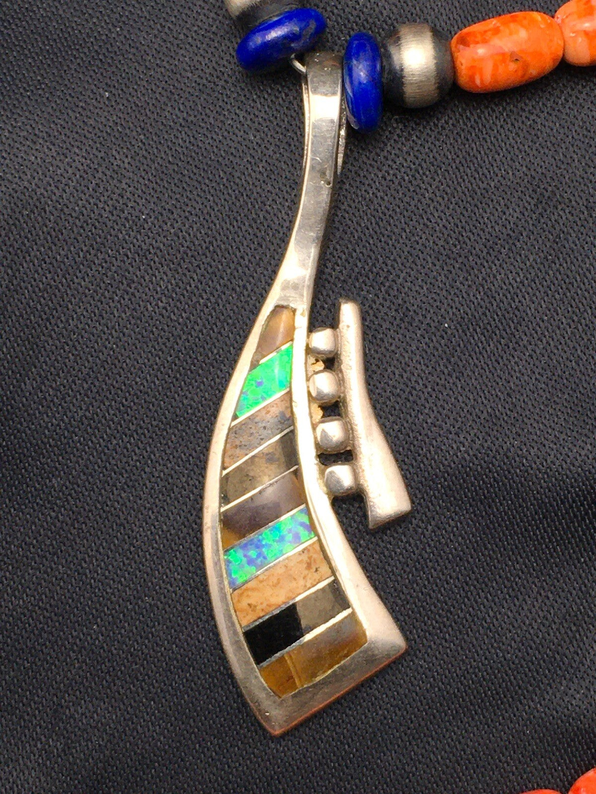 Multi-Stone Pendant Spiny Oyster Navajo Sterling Silver Necklace 19" 04519