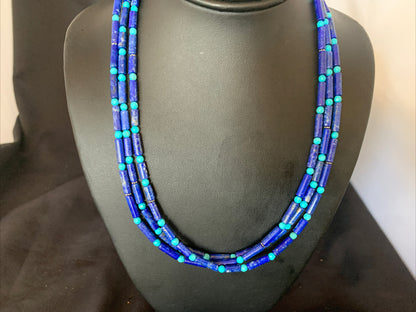 Lapis & Turquoise Tube Beads 3 Strands Navajo Sterling Silver Necklace 12701