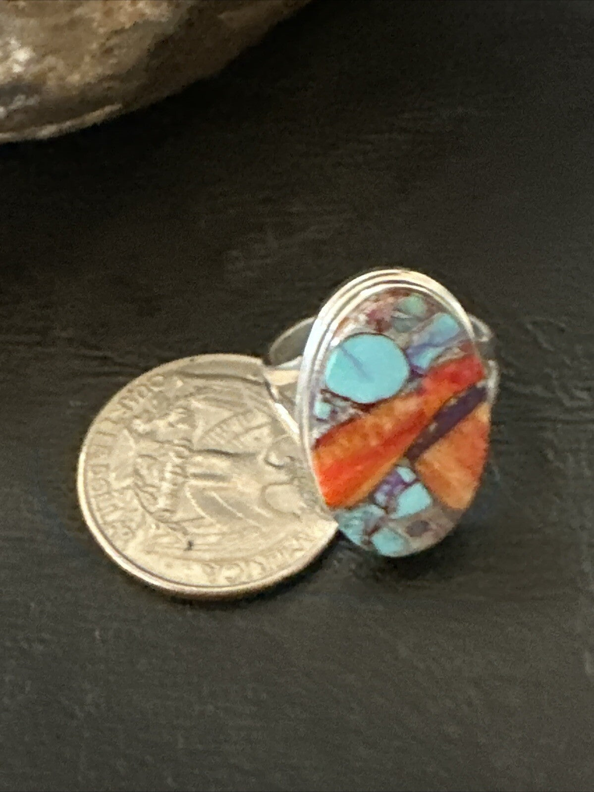Blue Turquoise Spiny Oyster Southwestern Sterling Silver Ring Size 8 18436