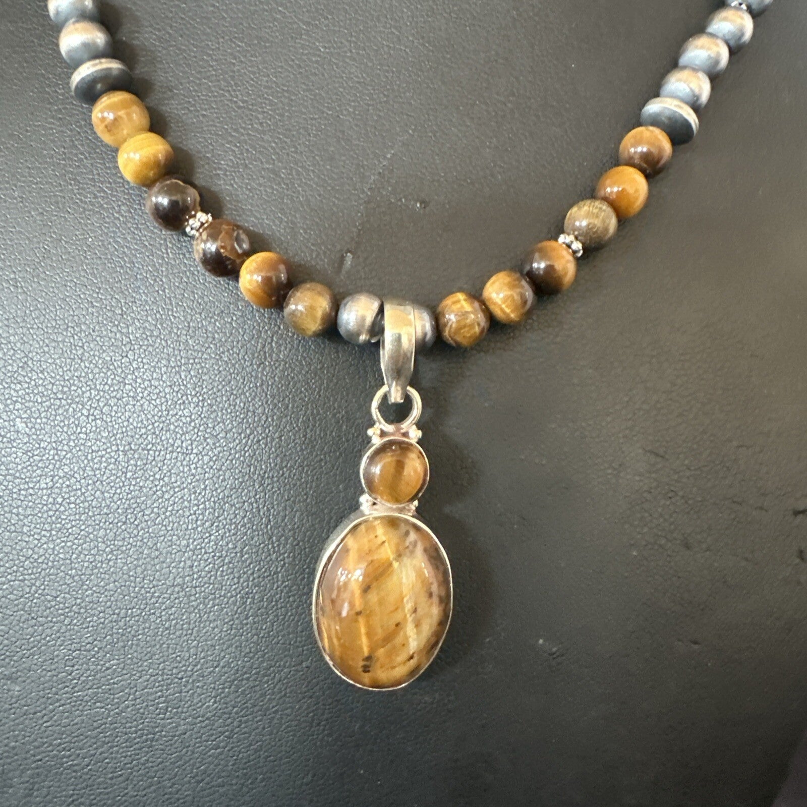 Coffee Brown Tigers Eye Sterling Silver Pendant Necklace Southwestern 18279