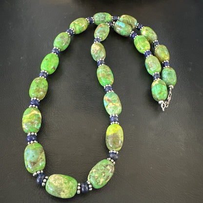 Green Turquoise Lapis Nugget Southwestern Sterling Silver Necklace 22" 19249