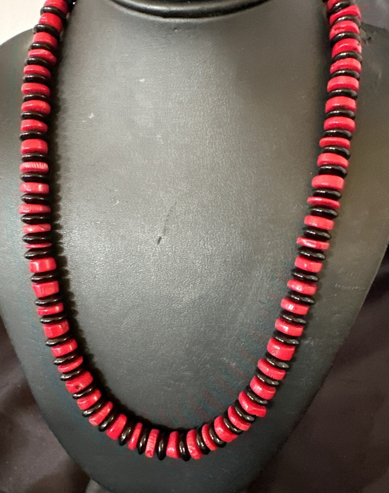 Mens Womens Red Coral Black Onyx  Navajo Sterling Silver Necklace 10mm 17869