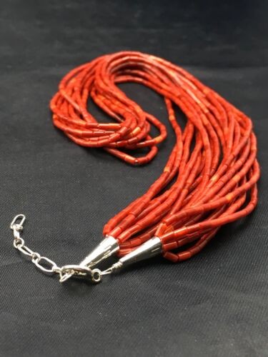 Native American Red Coral Navajo Necklace Sterling Silver 10 Strand 4387