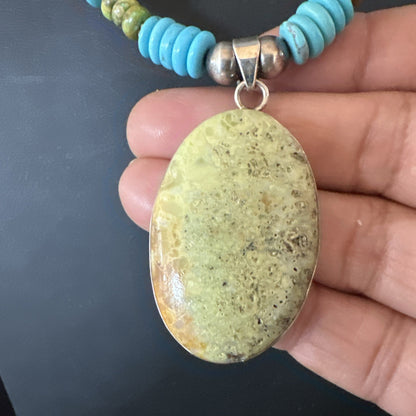 Green Gaspeite Pendant Blue Turquoise Navajo Sterling Silver Necklace 20" 19668