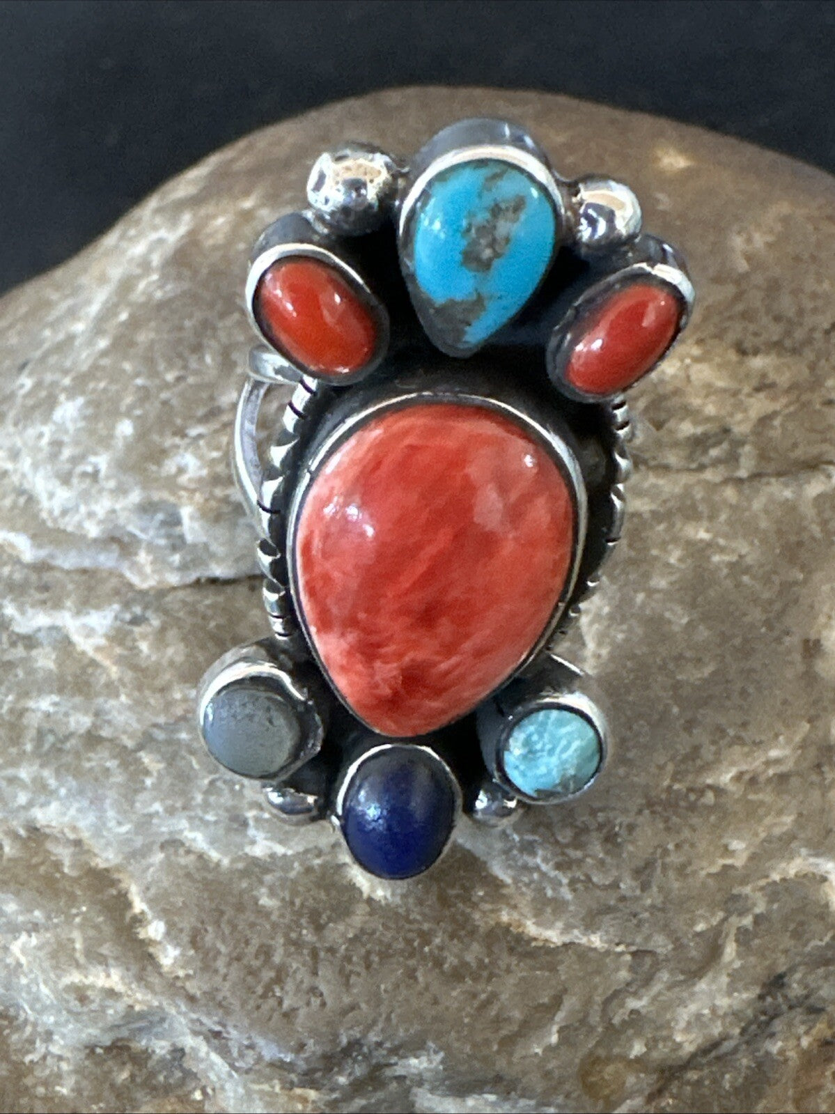 Cluster Blue Turquoise Spiny Oyster Onyx Sterling Silver Ring Size 9 18561