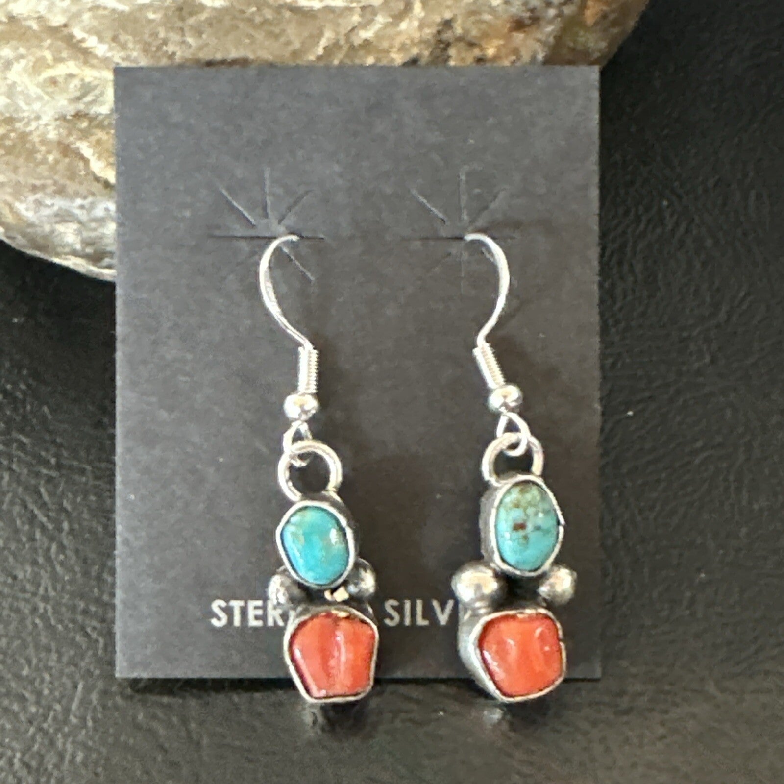 Handmade Blue Turquoise Red Coral Sterling Silver Navajo Dangle Earrings 18840