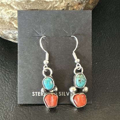 Handmade Blue Turquoise Red Coral Sterling Silver Navajo Dangle Earrings 18840