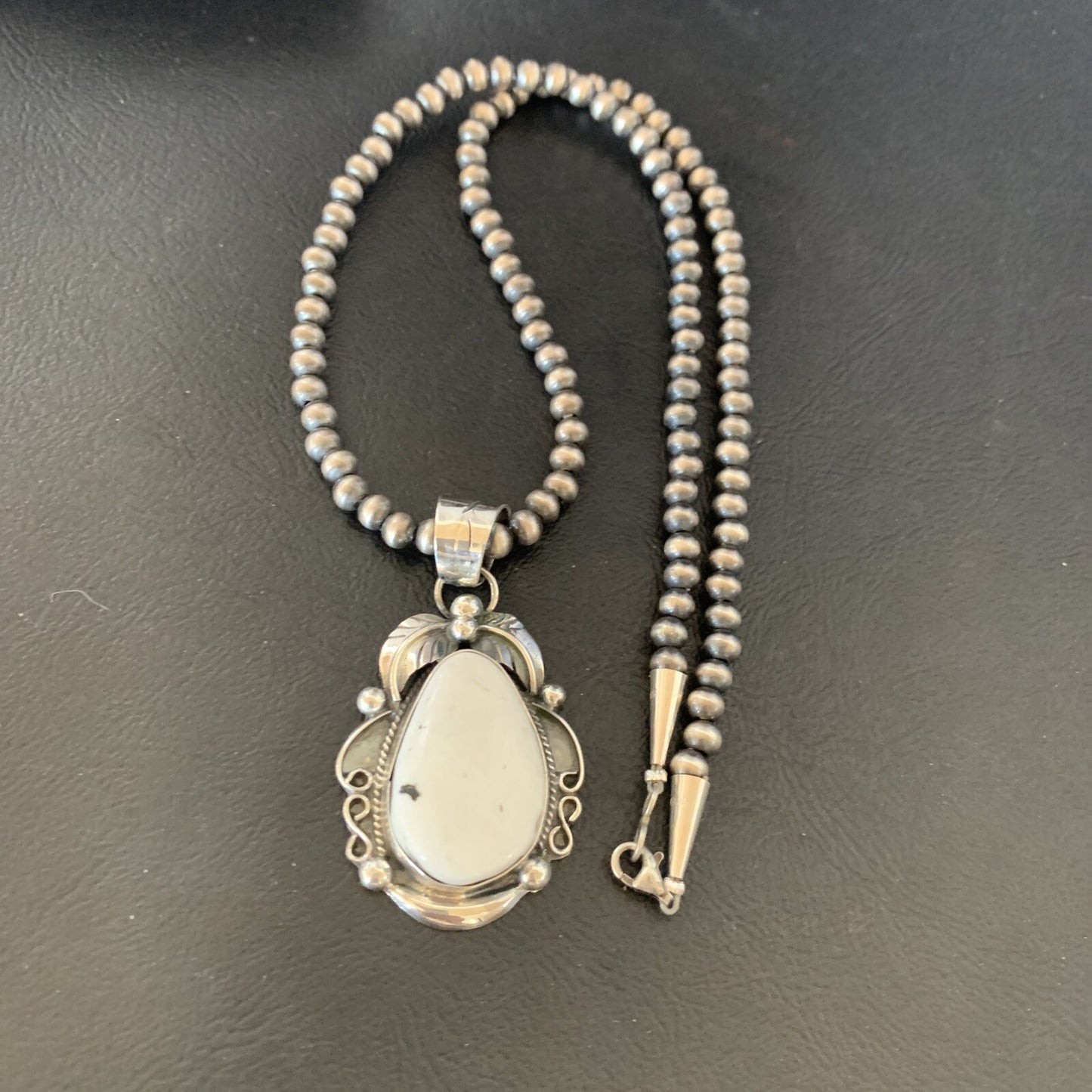 Men White Buffalo Turquoise Pendant Sterling Silver Beads Necklace 12668N