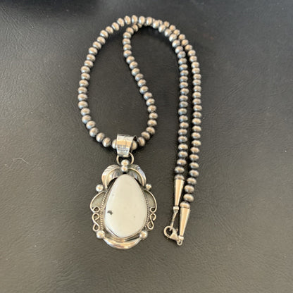 Men White Buffalo Turquoise Pendant Sterling Silver Beads Necklace 12668N