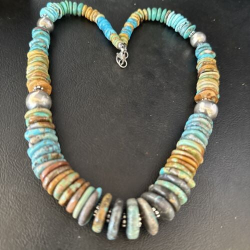Navajo Blue Green Turquoise Bead Necklace Sterling Silver 20" 14239