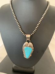 Blue Kingman Turquoise Pendant Navajo Pearls Necklace 20" | Sterling Silver | Authentic Native American Handmade | 00392