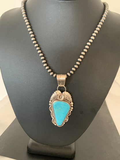Blue Kingman Turquoise Pendant Navajo Pearls Sterling Silver Necklace 20" 00392