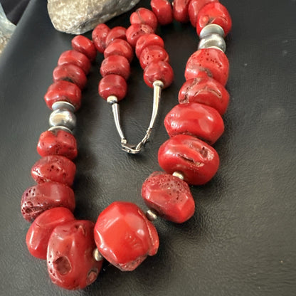 Chunky Navajo Red Bamboo Coral Sterling Silver Bead Necklace 24” Graduated 19531