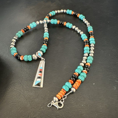 Multicolor Turquoise Spiny  Zuni Sterling Silver Inlay Pendant Necklace 19664